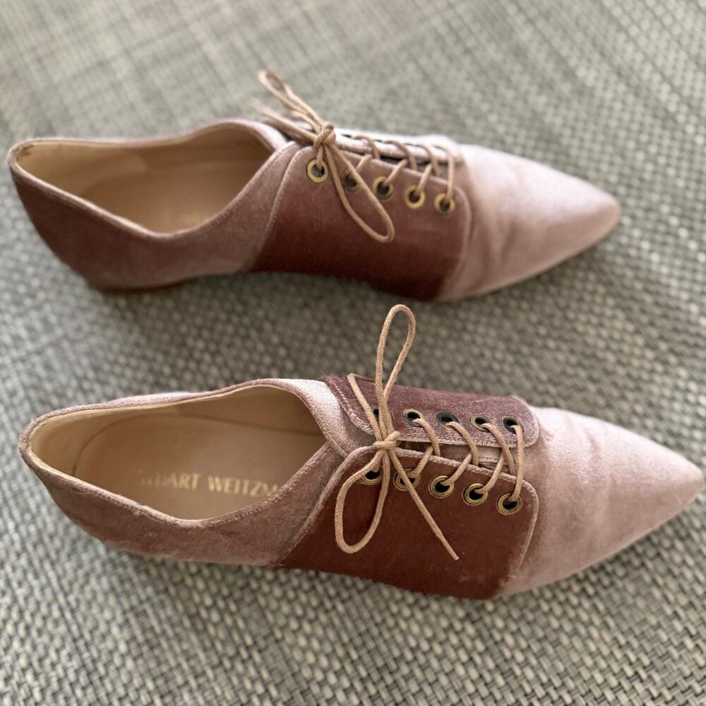 Stuart Weitzman Cello Velvet Lace Up Pointed Toe Oxford Flat Soft Petal Pink 9 - Picture 4 of 7